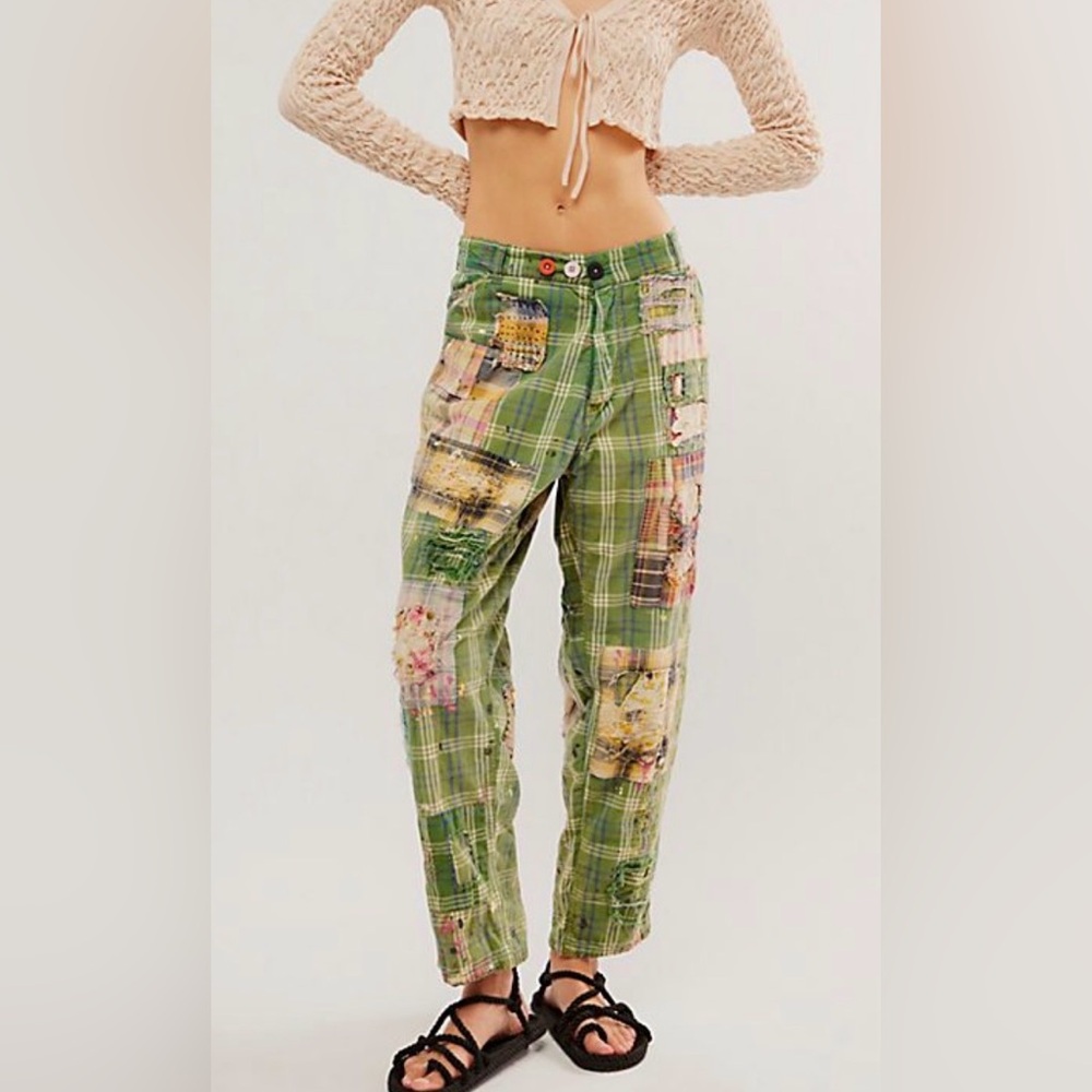 Magnolia Pearl Bobbie trousers in Romeo check. Green plaid patchwork. Sold out